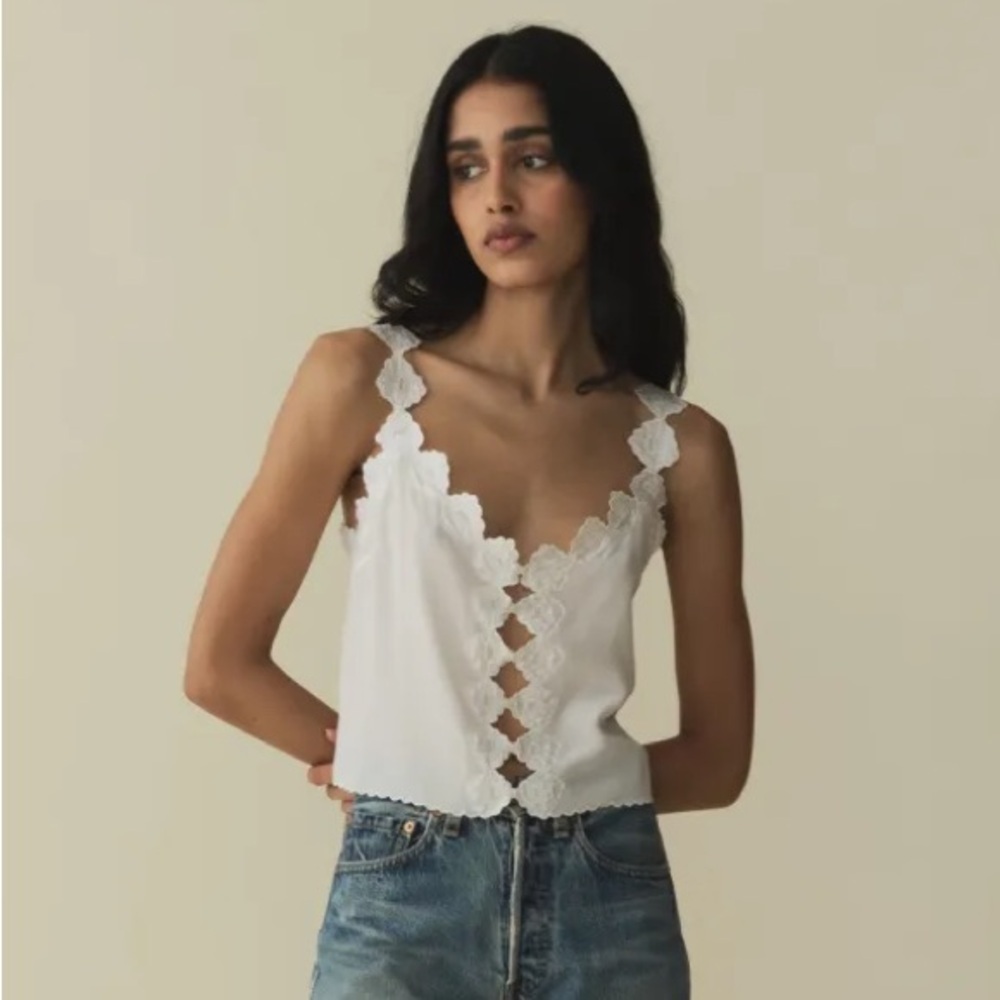 NWT Doen Flores Silk Scalloped Button V Neck Cami Camisole Tank Blouse Top Salt - Picture 4 of 9